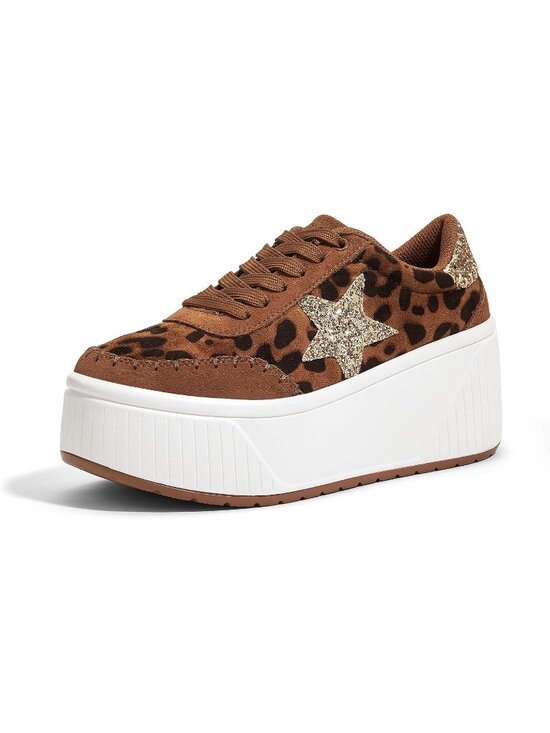 Shoes - Women's Leopard Platform Chunky Fashion Star Glitter Sparkly Wedge Sneakers
